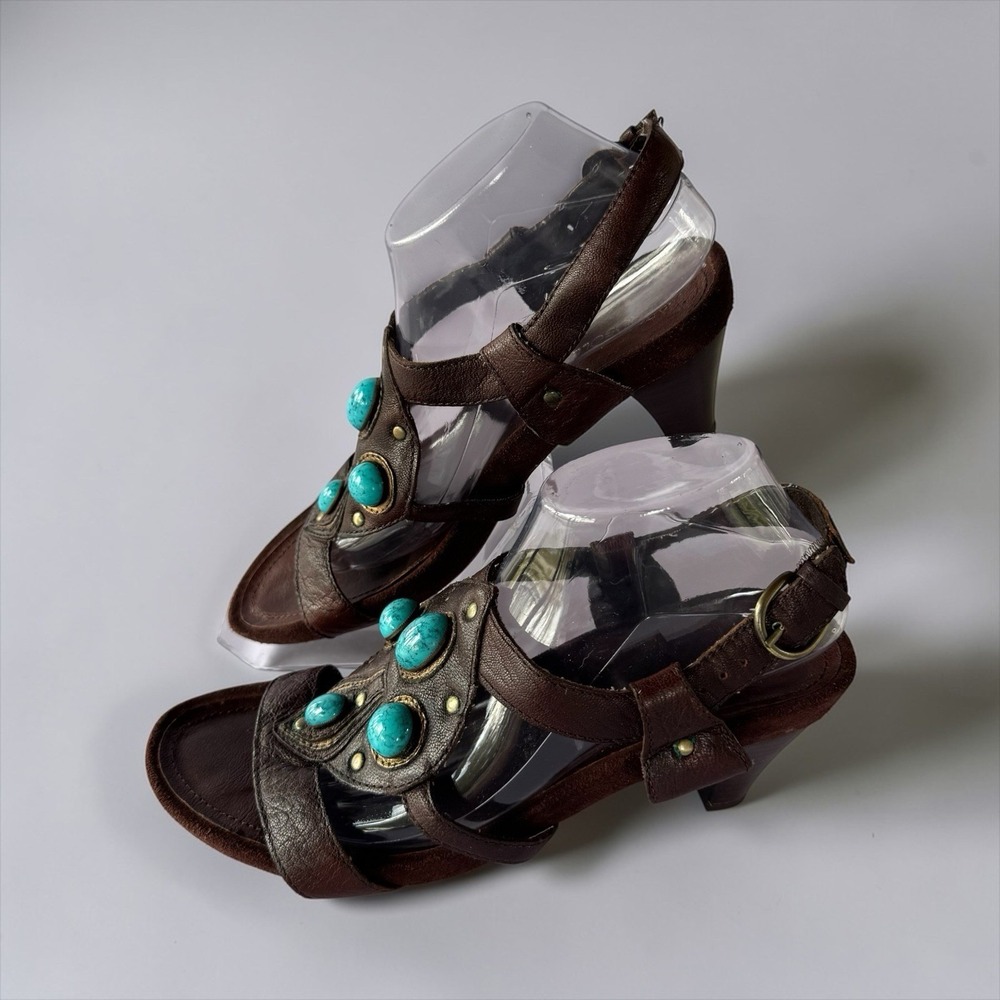 Aerosoles Grand Jewel Heeled Sandals Women's 9.5 Brown Leather Turquoise